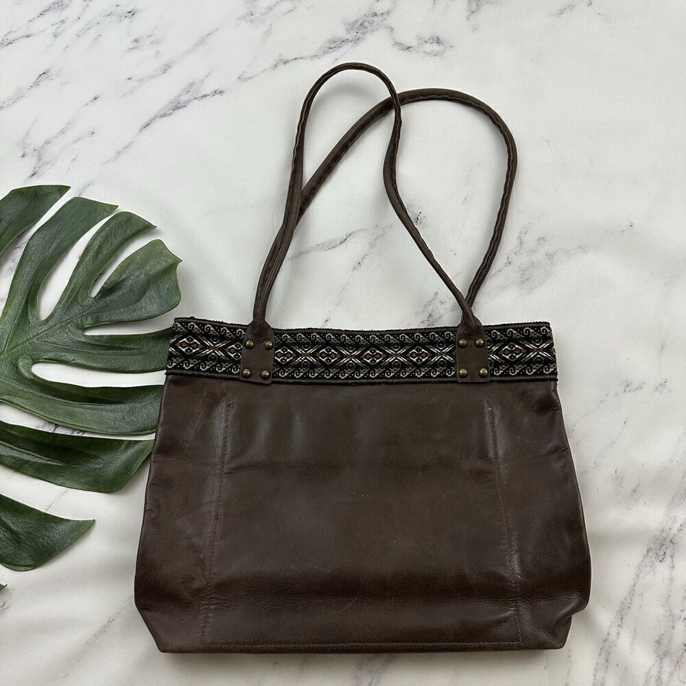 Unbranded Leather Tote Shoulder Bag Purse Dark Brown Woven Boho Trim Large - Picture 7 of 12